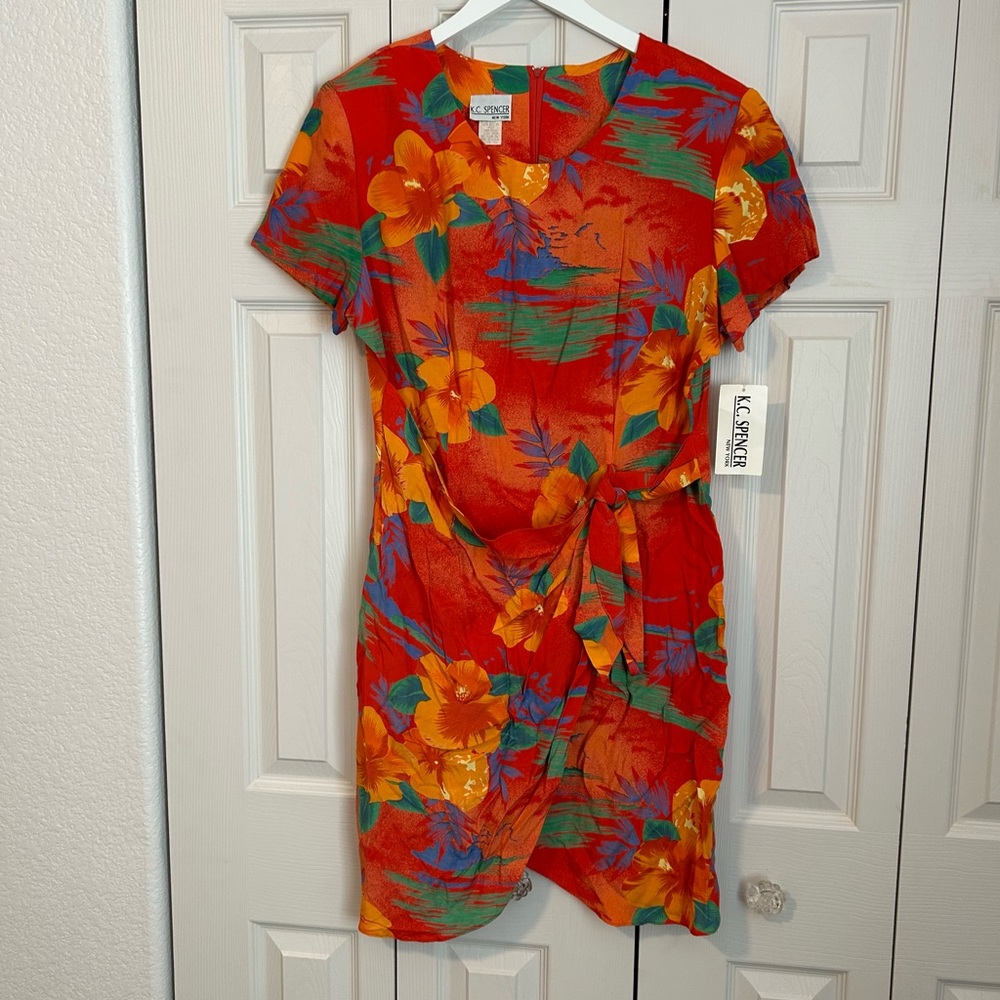 NWT K.C. Spencer Vintage Floral Wrap Dress Beach Hawaiian Vacation Cruise Sz 16